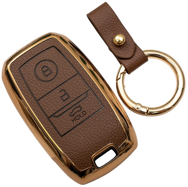 바이어블 기아 올뉴 모닝 레이 K3 호환 TPU 스마트키 가죽 TPU 케이스 키링 차 키홀더, 진브라운, 3버튼 TL30