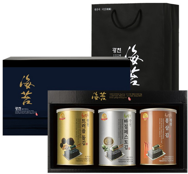 광천 해달음 명품 트러플 바질페스토 아보카도유 홍삼 재래김 돌김 도시락김 캔김 + 고급쇼핑백포함, 3개