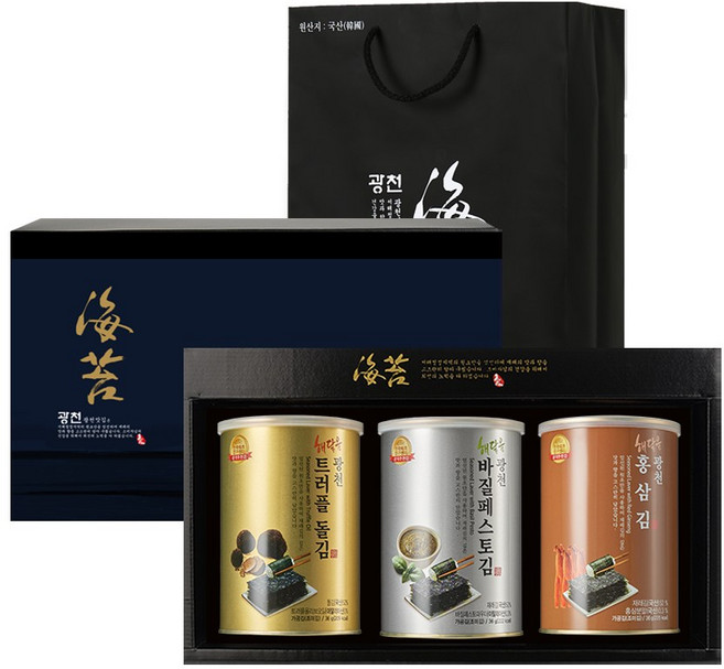 명품 해달음 광천 트러플 아보카도유 홍삼 재래김 도시락캔김 고급 답례품 쇼핑백포함 3캔 선물세트, 1세트