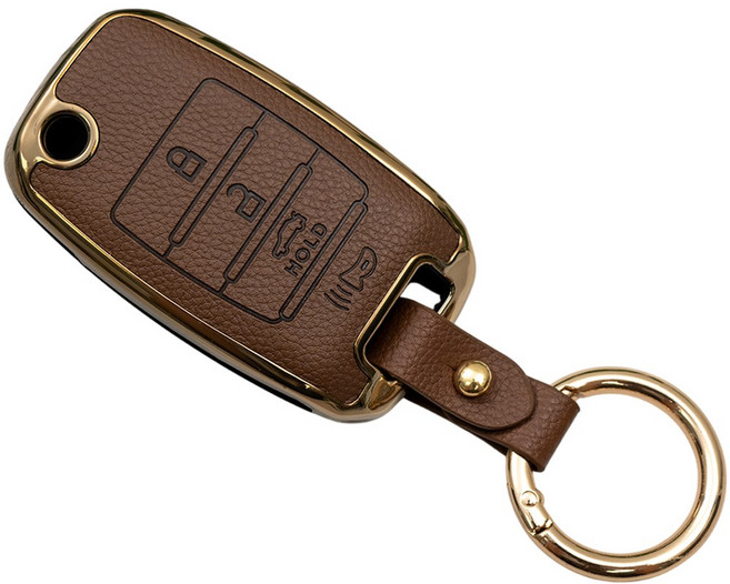 바이어블 기아 더뉴 K5 K3 스포티지 올뉴 모닝 프라이드 스마트키 가죽 TPU 케이스 키링 차 키홀더, 진브라운, 4버튼 TL46