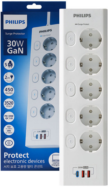 필립스 맥스플러스 서지보호멀티탭 고용량 개별스위치 30GaN 고속충전, 1개, 화이트 5구 CHP6753WA, 2m