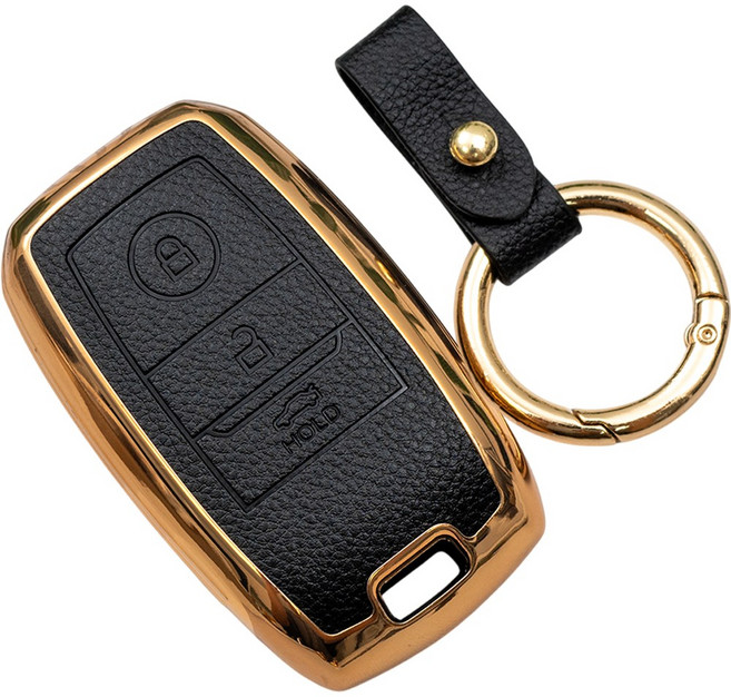 바이어블 기아 올뉴 모닝 레이 K3 호환 TPU 스마트키 가죽 TPU 케이스 키링 차 키홀더, 블랙, 3버튼 TL30