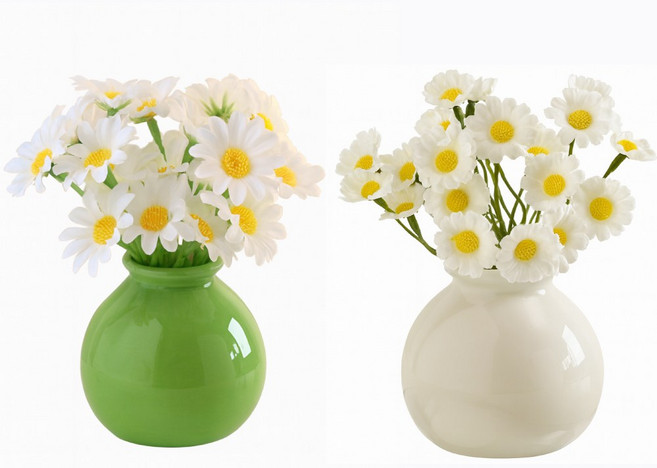 레디박스 사무실 식탁 인테리어 미니 원형 꽃병 조화 세트, 크림 데이지+그린 큰 데이지