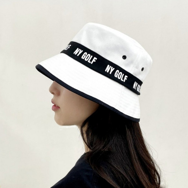 마크그린 NY 골프 레터링 여성 골프 버킷햇 벙거지 모자, 화이트, 1개