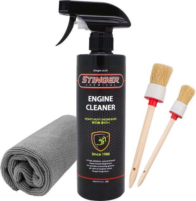 스팅거 엔진룸 크리너 500ml 자동차 청소 세차 세정제 클리너 코팅+브러쉬 타월, 01 엔진룸클리너 500 + 브러시 타월, 1세트