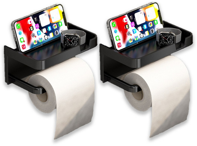 1+1 커스터스 무타공 휴지 걸이 접착식 다용도 선반형, 2개, 블랙