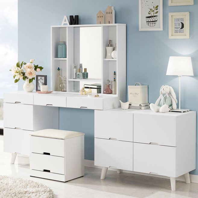 퍼니아트 마야 수납형 화장대+거울+의자 세트, 화이트