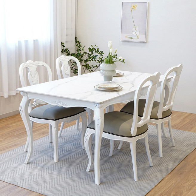 피어젠가구 린 프렌치 엔틱 4인용 세라믹 식탁 세트 화이트