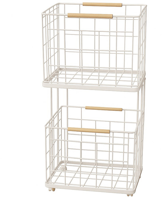 에이치앤아이 철제 와이어 2단 이동식 빨래바구니, 화이트