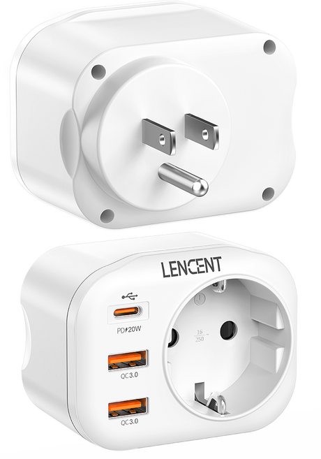 렌센트 USB 고속충전 전세계 여행용 해외 미국 규격 (Type B) 여행 어댑터 3포트 (2 QC3.0 + 1 PD20W ) PA012EUUS1-PD, 1개