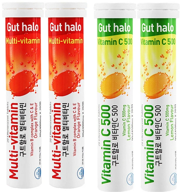 구트할로 비타민C 레몬맛 20정 X 2개 + 멀티비타민 오렌지맛 20정 X 2개 / 포도당 발포비타민 - 쿠팡