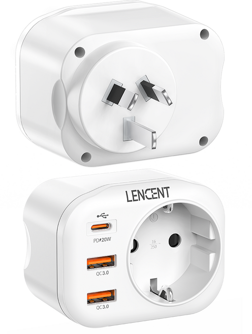 렌센트 USB 고속충전 전세계 여행용 해외 호주/중국 규격 (Type I) 여행 어댑터 3포트 (3 QC3.0+ 1 PD20W) PA012EUAU1-PD, 1개