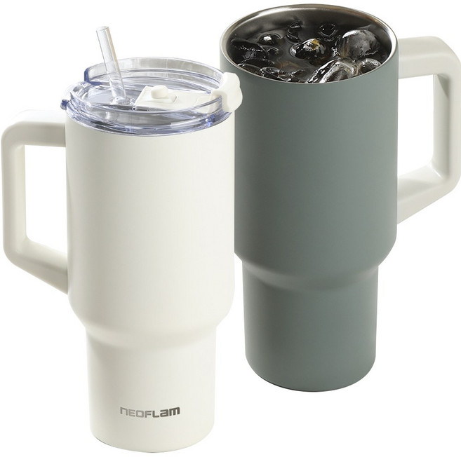 1+1 네오플램 보온 보냉 대용량 스텐텀블러 900ml, 그린+화이트, 2개