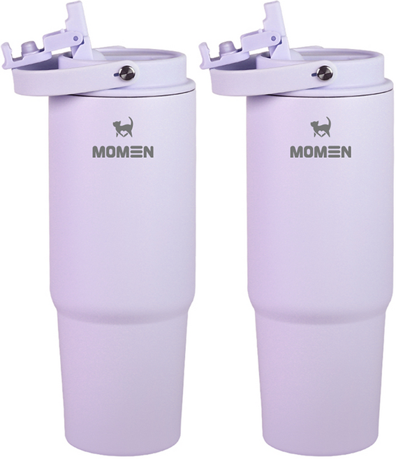 모멘 스트로우 텀블러 500ml 800ml 빨대텀블러 빨대내장형뚜껑 보온 보냉 이중진공, 퍼플, 2개