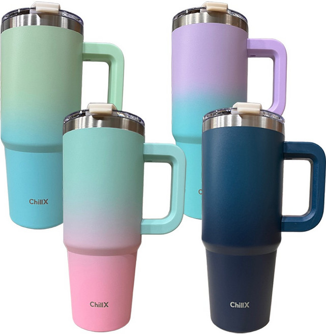 ChillX 진공 스테인리스 텀블러 + 미끄럼방지캡 + 빨대뚜껑 + 빨대 + 세척솔 + 빨대솔, 에메랄드그린, 1개, 900ml