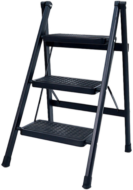 핫버튼 튼튼한 접이식 스텝 스툴 사다리, 3단, 블랙, 블랙