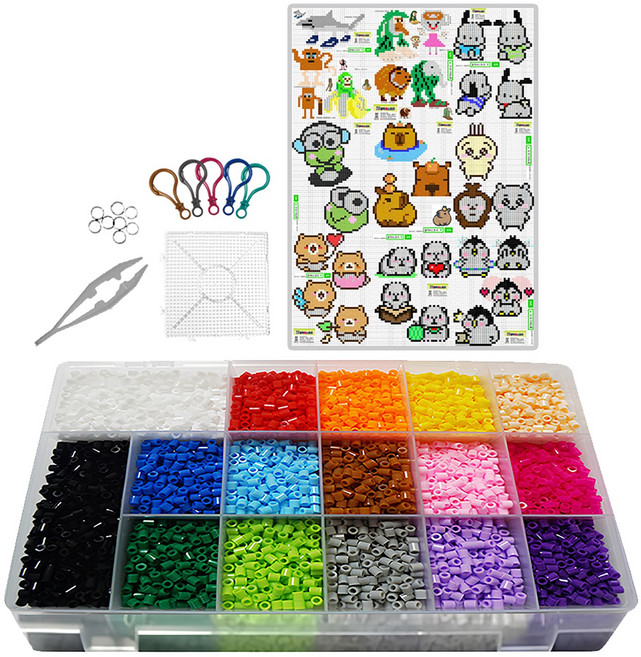 블럭N스토리 신제품 컬러비즈 세트 16색 펄러비즈 도안 귀여운동물2도안 출시 이탈리안 브레인롯, 1세트, 귀여운 동물2
