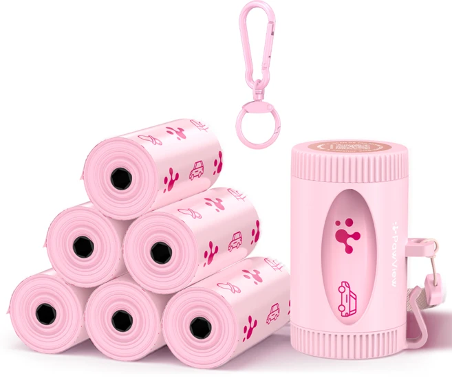 포뷰 반려동물 배변봉투+스마트 디스펜서 세트 회전수납 걸이포함 케이스, 7개, 15개입, 핑크색 - 쿠팡