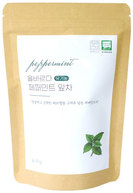 올바르다 유기농 페퍼민트 차 티 잎차 리필 원물, 50g, 50g, 1개, 1개입
