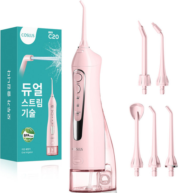 코슬루스 휴대용 무선 구강세정기 IPX7급방수+5개노즐팁, 분홍색