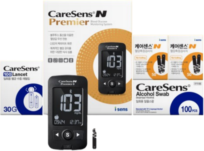 케어센스N프리미어(BLE)혈당측정기+검사지100매+채혈침100개+알콜스왑100매, 1세트