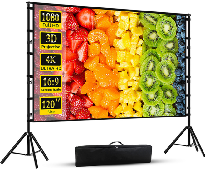 VEIDADZ 실외용 빔프로젝터 스크린 광시야각 듀얼 삼각대 가방 포함 주름방지 접이식, 120형, 16:9