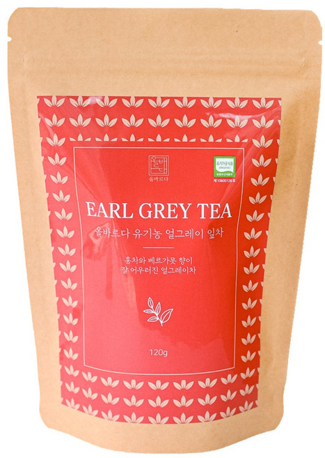 올바르다 유기농 얼그레이 티 차 홍차 잎차 원물, 1개, 1개입, 120g
