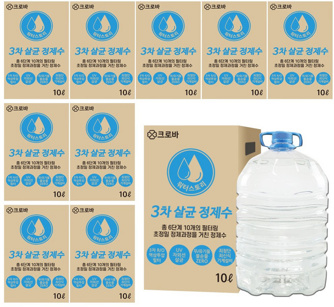 크로바 3차 살균 정제수 10L (pet) x10 증류수 지게차배터리 가습기 세척수 화장품 소독제 UV살균 냉각용수, 10개