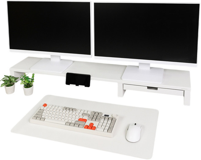 큐데스크 메탈 듀얼 모니터 받침대 1.2m 긴 철제 선반, 화이트