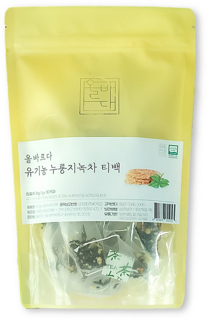 올바르다 유기농 누룽지 녹차 무농약 하동 국내산 티백 어린잎, 유기농 누룽지녹차 티백 30개입, 1개, 1g, 30개입
