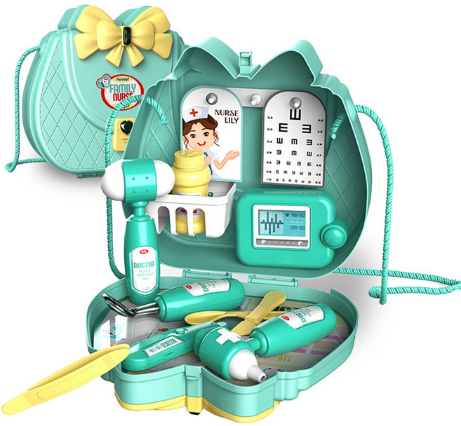 유아 어린이 숄더백 소꿉놀이 세트 여아 역할놀이 파티 주방 병원 놀이 쿠킹토이 가방 키트, 그린 숄더백 병원놀이, 1개