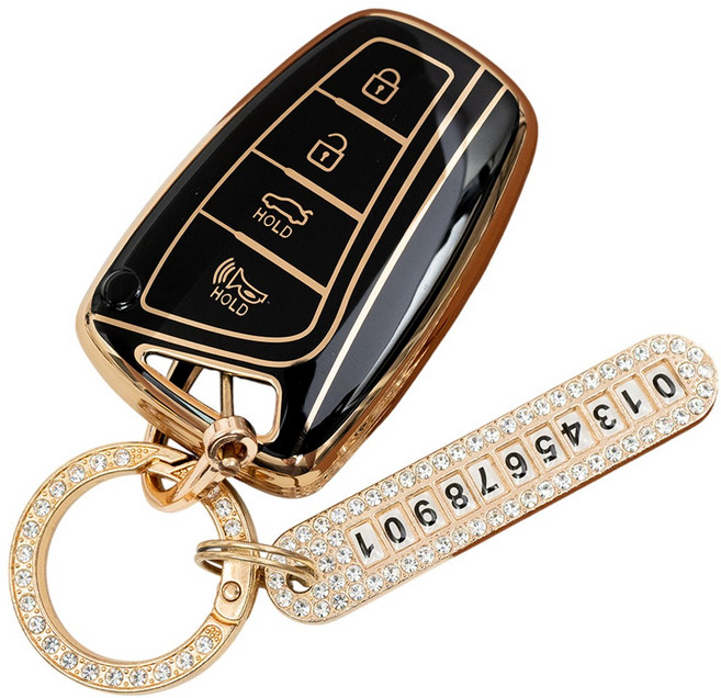 현대 싼타페DM 제네시스DH 호환 TPU 자동차 키 케이스 번호판 키링 키홀더, 4버튼_TA63_KH03, 블랙