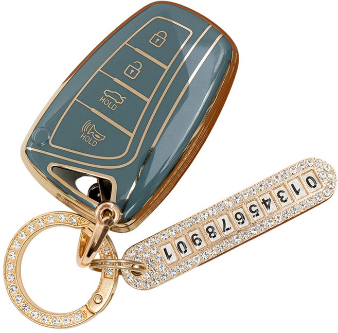 현대 싼타페DM 제네시스DH 호환 TPU 자동차 키 케이스 번호판 키링 키홀더, 4버튼_TA63_KH03, 그레이