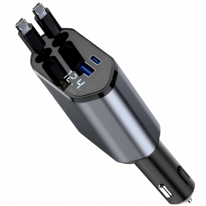 선리버트레이딩 차량용 고속 충전기 2세대 4in1 릴타입 시거잭 충전기, Type-C+Type-C + (C타입-애플 변환젠더)