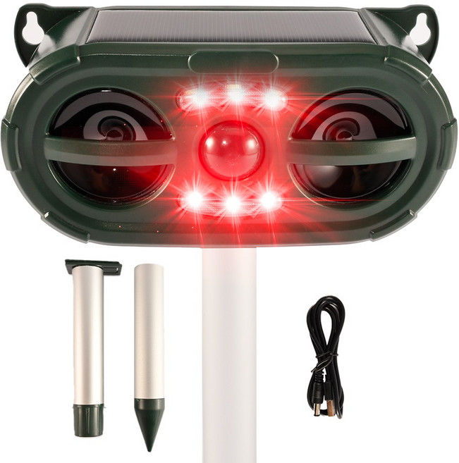 신품 두눈 강력 초음파 태양열 충전 야생동물 퇴치기 LED 경보음 kc인증 멧돼지 고라니 두더지, 1개