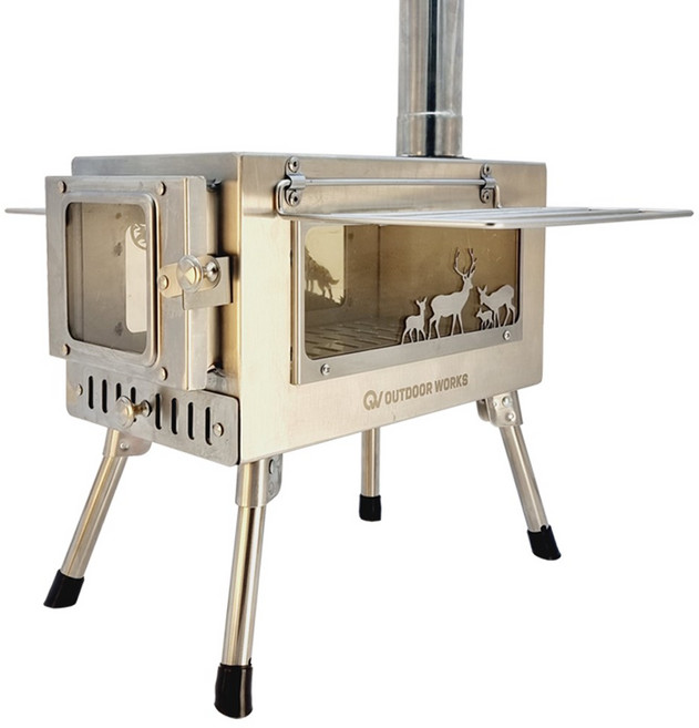아웃도어웍스 화목난로 캠핑난로 3면 불보기창 늑대스킨 캠핑화목난로 장작난로, a.화목난로기본구성