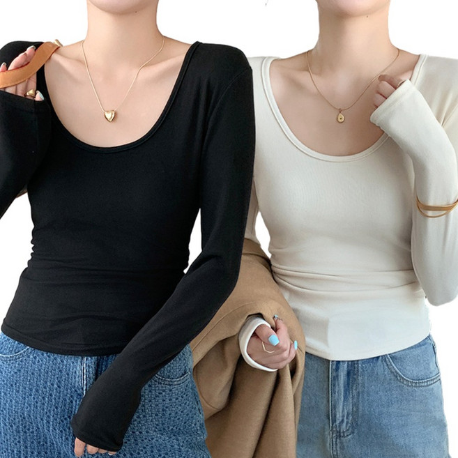 베르슈어 여성 슬림핏 부드러운 라운드 긴팔티 2장 세트