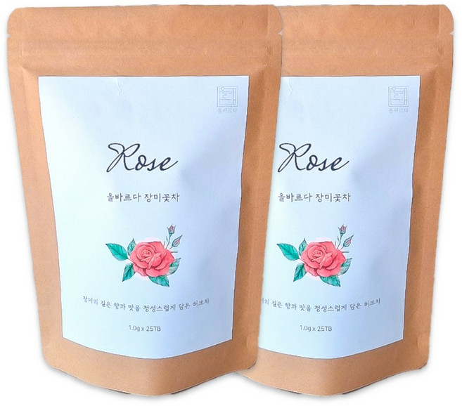 올바르다 장미꽃차 티 티백 로즈 플라워, 2개, 25개입, 1g