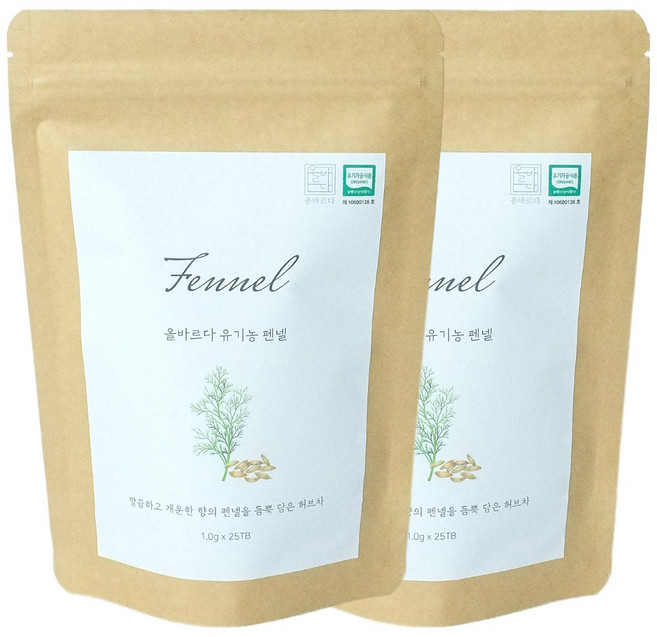 올바르다 유기농 펜넬 차 티 티백, 2개, 25개입, 1g