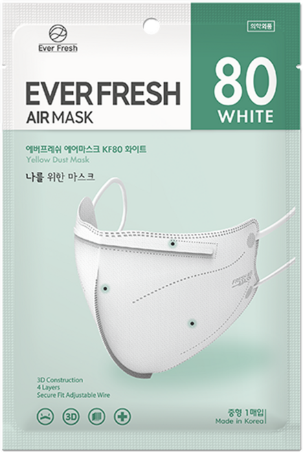 KF80 중형 에버프레쉬 에어 마스크 얇고 가벼운 여름용 새부리형, 1개, 50매, 화이트