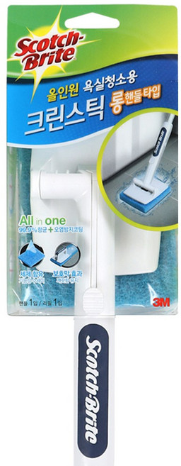 3M 세제 함유 수세미로 욕실청소를 한번에 올인원 크린스틱 롱핸들 + 리필1입, 1개