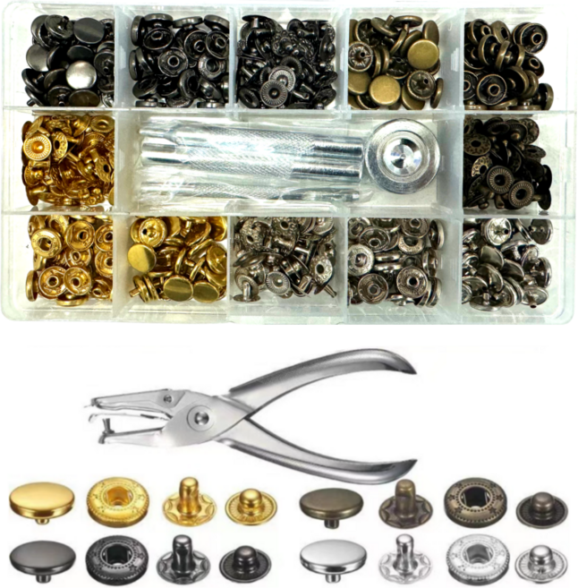 셀프 다용도 단추 똑딱이단추 가정용 10mm 12.5mm 15mm 17mm 96EA 4종컬러 금속스타일 공구 모듬, 1개, 똑딱이단추A 사이즈 10mm