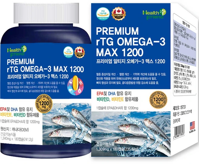 헬스프랜드 미국 프리미엄 rTG 알티지 오메가3 1200 6개월분 EPA DHA 비타민D 비타민E 함유 혈행개선 영양제, 180정, 1개 - 쿠팡