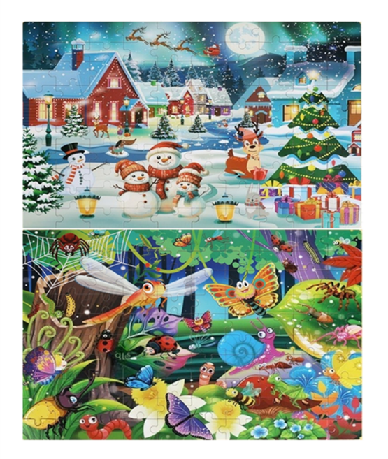 YD WORKS 크리스마스마을+ 곤충나라 100피스 1+1 퍼즐세트 유아 어린이용 우든직소퍼즐 소근육발달 퍼즐, 크리스마스+곤충나라 세트, 1개