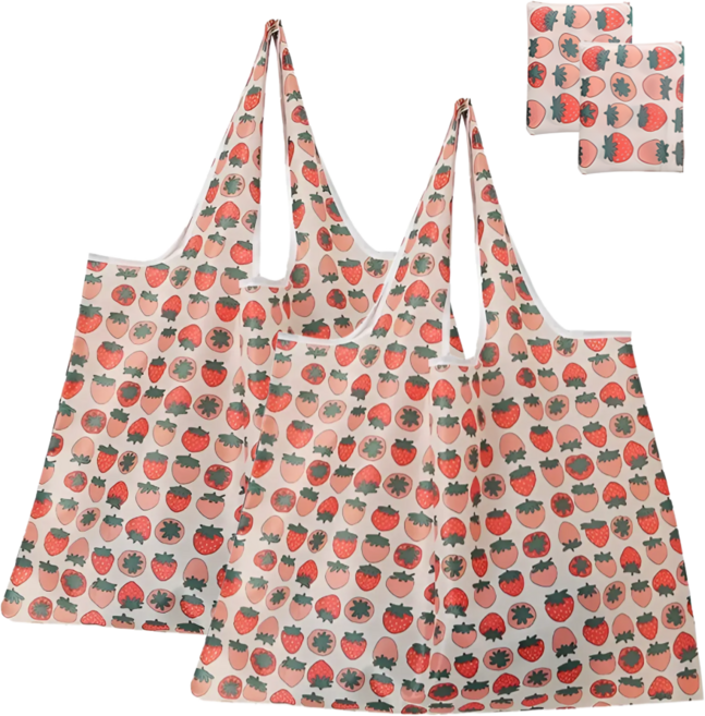 딸기 모양 가득 휴대용 접이식 장바구니 에코백 대형 시장바구니, 2개, 딸기모양