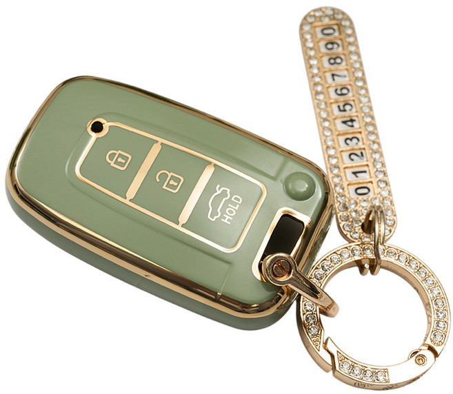 현대 기아 모닝 스포티지 아반떼 싼타페 호환 TPU 자동차 키 케이스 번호판 키링 키홀더, 3버튼_TA31_KH03, 그린