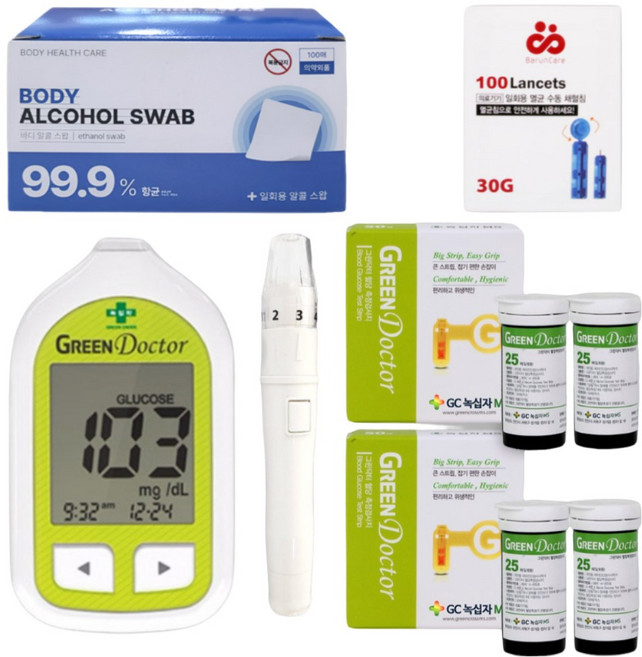 녹십자 혈당 측정기 시험지100매+침100+알콜솜100 당뇨 당 체크기 검사기 세트, 그린닥터 혈당계+시험지100+침110+솜100, 1개