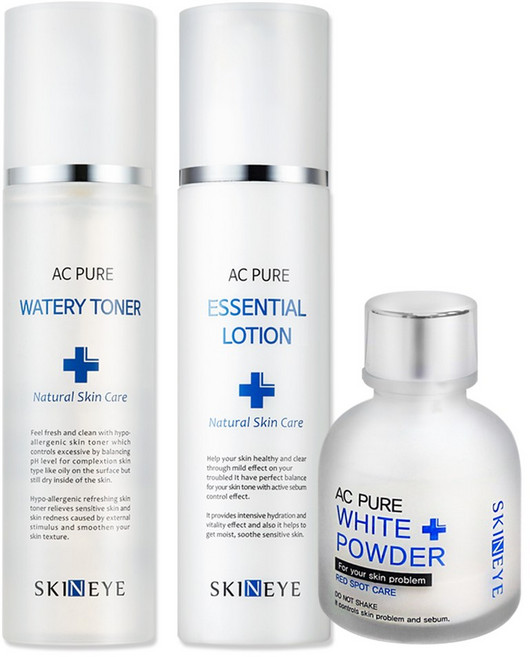 스킨아이 AC 퓨어 워터리 토너 + 에센셜 로션 화이트파우더 SET (여드름 기초 스킨케어 3종 SET), 1세트