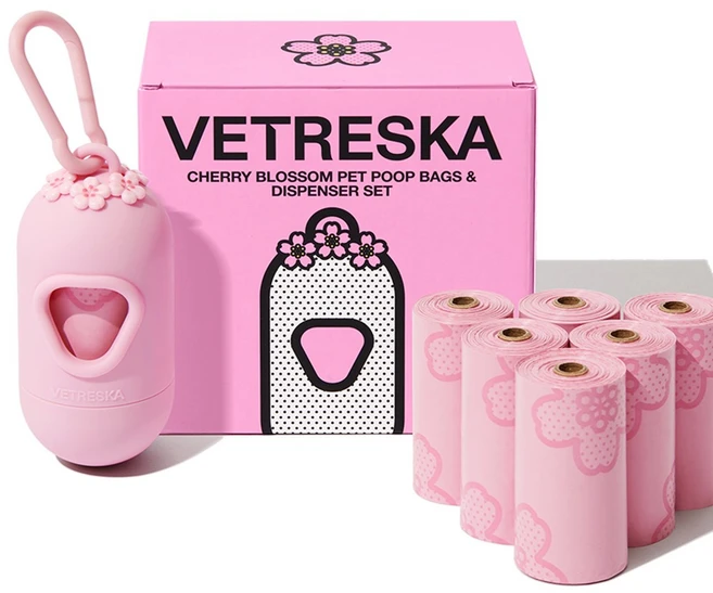 VETRESKA 체리블라썸 강아지 향기나는 배변봉투 풉백 디스펜서 세트(벚꽃향), 세트구성(디스펜서1개+풉백7롤), 1개, 1개입 - 쿠팡