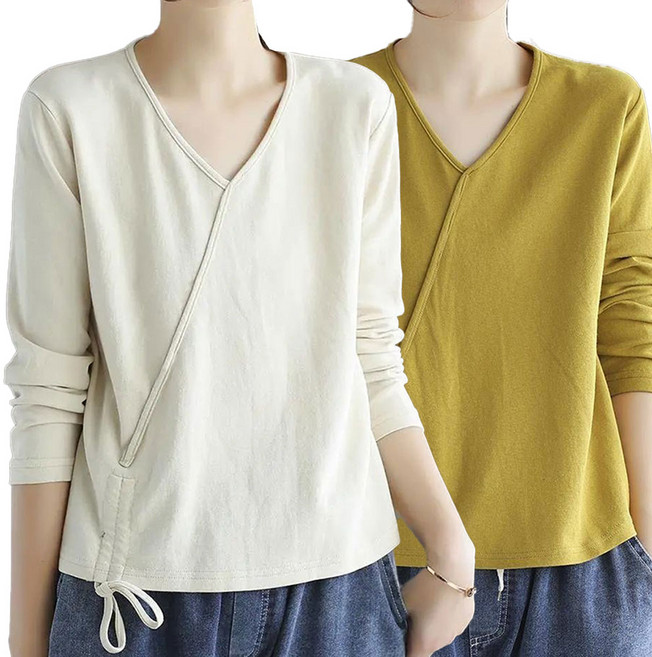 TKX 1+1 여성용 순면 긴팔 티셔츠 봄가을 캐주얼 패션 브이넥 밑단 스트링 장식 중년여성룩 K79